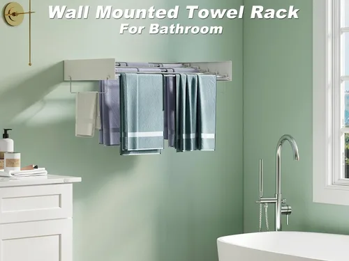 Vista 5 de Estante de secado de ropa oculto montado en la pared, organizador de lavandería extraíble con 5 varillas de acero inoxidable, plegable y plegable