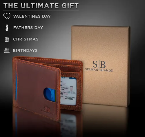 Vista 30 de SERMAN BRANDS RFID Blocking Slim Bifold Genuine Leather Thin Minimalist Front Pocket Wallets for Men Billfold Wallet Men Gift