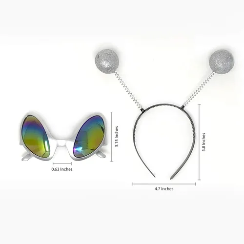 Vista 6 de Juego de gafas de sol y antenas marcianas plateadas con diseño de alienígena