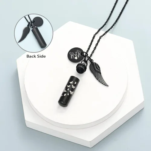 Vista 4 de shajwo Collar de cenizas de urna cilíndrica para mujeres y hombres, joyería de cremación de mariposa, ceniza amada, un colgante de ala de ángel