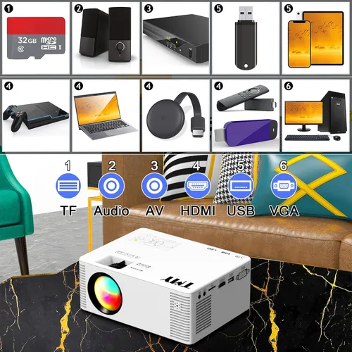 Vista 5 de TMY Proyector WiFi con Bluetooth 5.1, mini proyector de película compatible con 1080P, compatible con TV Stick, teléfono, computadora, HDMI, USB, TF