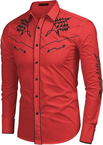 Vista 3 de COOFANDY Camisa vaquera occidental bordada de manga larga de algodón casual con botones para hombre