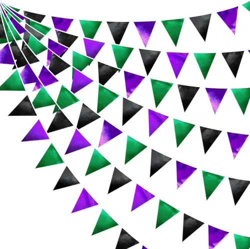 Vista 50 de Banderín de color verde azulado y aguamarina en forma de triángulo, bandera de tela metálica oscura, banderines de guirnalda de algodón