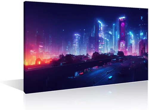 Vista 28 de 1 panel de cuadros de la ciudad de Cyberpunk, arte de pared, representación de vallas publicitarias, edificios modernos en la capital con obras