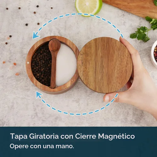 Vista 4 de KITCHENDAO Caja de Tazón de Sal y Pimienta de Madera de Acacia, Cuchara Incorporada, Contenedor de Condimentos de Especias de Dos Compartimentos