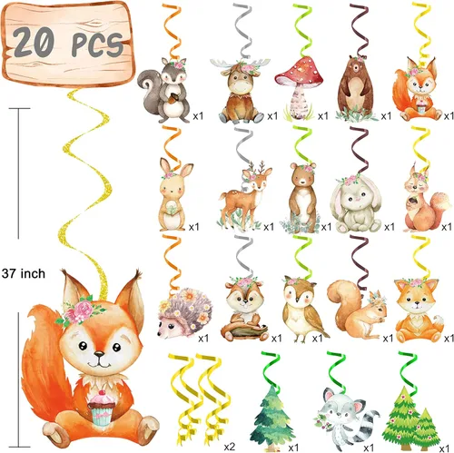 Vista 4 de Decoraciones de fiesta de bosque, 20 piezas de animales del bosque, remolinos colgantes, animales del bosque, decoraciones de techo para decoración