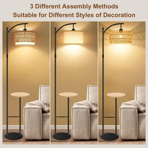 Vista 6 de Lámpara de pie de arco con mesa, lámparas de pie de ratán boho para sala de estar con control remoto regulable 3 temperaturas de color, lámpara