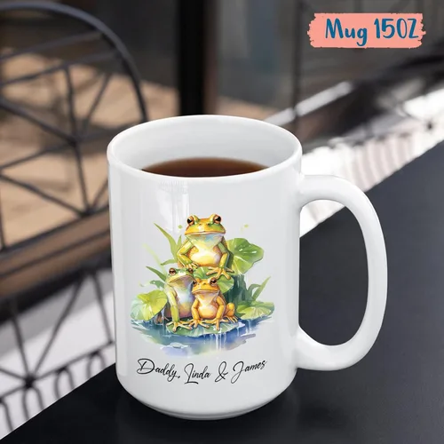 Vista 5 de Tazas de la familia de ranas, taza personalizada para amantes de los animales, taza de café para papá regalo de niños, taza de cerámica