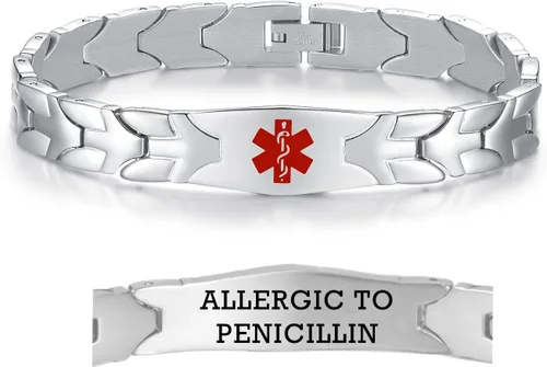 Vista 15 de LinnaLove Pulseras de alerta médica de pez volador para hombres y mujeres, pulseras médicas de acero inoxidable con grabado gratis, 8.5 pulgadas
