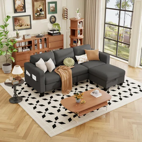 Vista 8 de ZeeFu Sofá modular con otomana de almacenamiento, 78 pulgadas en forma de L modular, sofás de 3 plazas para sala de estar, juego de tela de lino