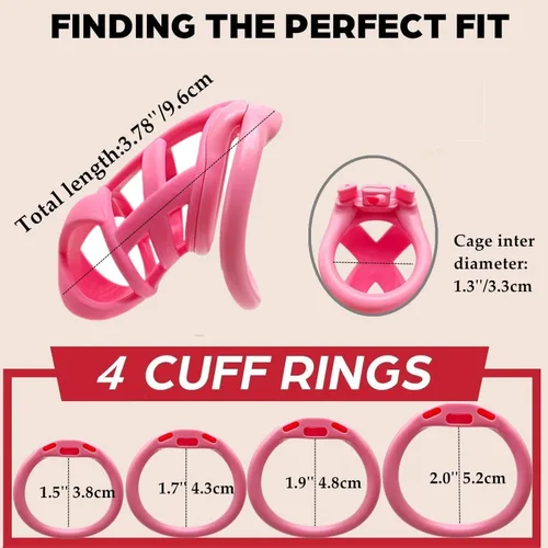 Vista 2 de Dispositivos de jaula de castidad masculina, nueva jaula ergonómica ligera para pene de hombre, jaula de bloqueo de casidad rosa con anillos de 4