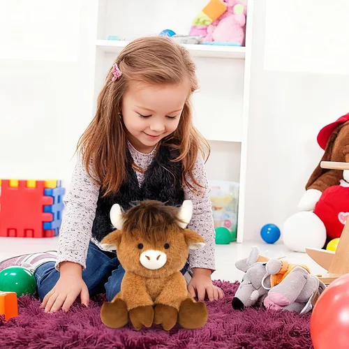 Vista 3 de Highland Cow - Animal de peluche esponjoso de 8 pulgadas con pelo elegante, juguete suave de peluche Kawaii abrazable de vaca para niños, niños
