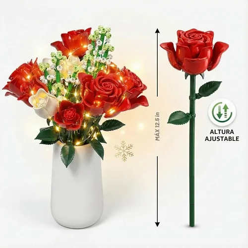 Vista 4 de WISEPLAY Juego de construcción de ramo de rosas – 697 piezas para mujeres, bloques de construcción de flores de rosas rojas y blancas, creativo