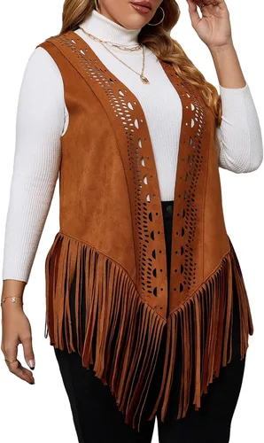 Vista 4 de Floerns Chaleco de mujer con franjas frontales abiertas, sin mangas, corte láser, talla grande