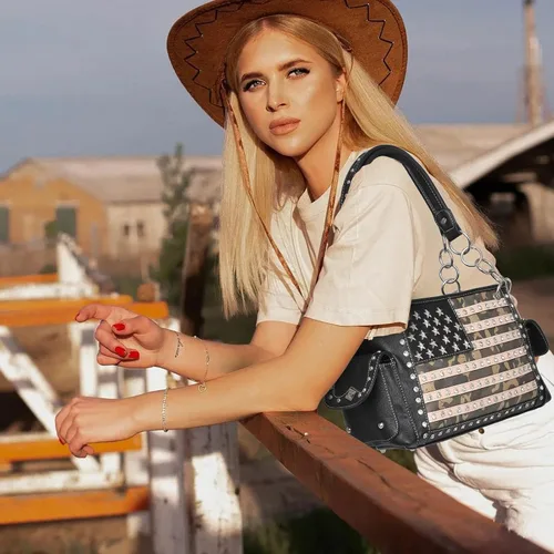 Vista 2 de Montana West Bolso patriótico con tachuelas para mujer, bolso de mano con bandera estadounidense y bolso cruzado