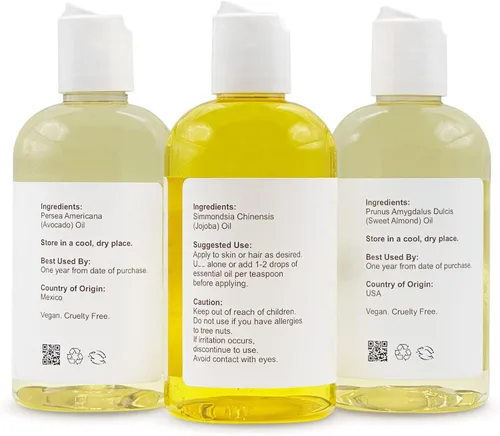 Vista 2 de Aceite de almendras dulces, aceite de jojoba dorado, aceite de aguacate, paquete de 3, prensado en frío, portador para aceites esenciales