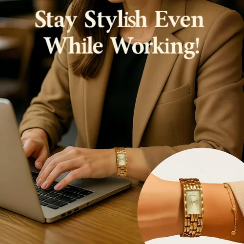 Vista 2 de Relojes de oro para mujer pequeño reloj de pulsera delicado para mujer con esfera rectangular delgada, correa de acero inoxidable, pulsera analógica