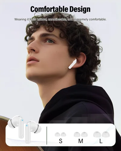 Vista 7 de Auriculares inalámbricos, Bluetooth 5.4 Auriculares estéreo y llamadas claras, color blanco Ear Buds with Noise Cancelling Mic LED Display in Ear
