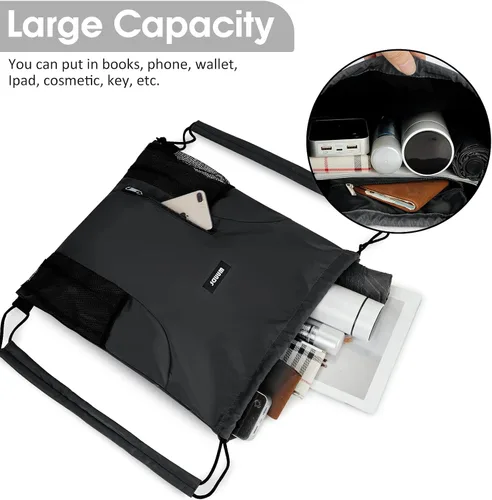 Vista 4 de WANDF Mochila con cordón y almohadilla para el hombro, mochila deportiva para gimnasio con bolsillo de malla para mujeres y hombres, Negro -, Classic