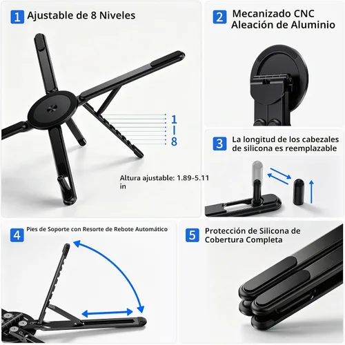 Vista 7 de Soporte portátil para portátil, 3 en 1 magnético plegable ajustable, para E05S-Negro