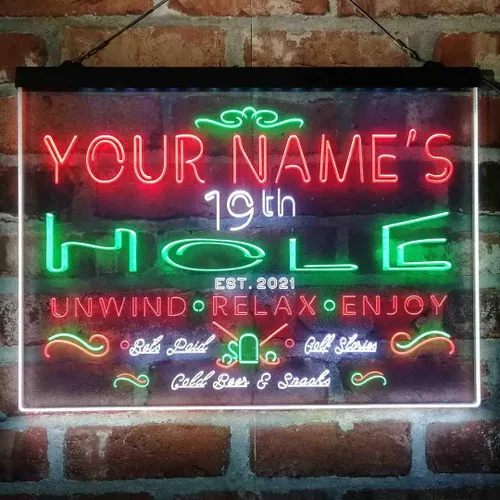 Vista 13 de Personalized 19th Hole Golf Club Tri-Color LED Neon Light Sign Customize Name Date Text Quote Font Green & Red & Yellow 13 x 8.7 Inches