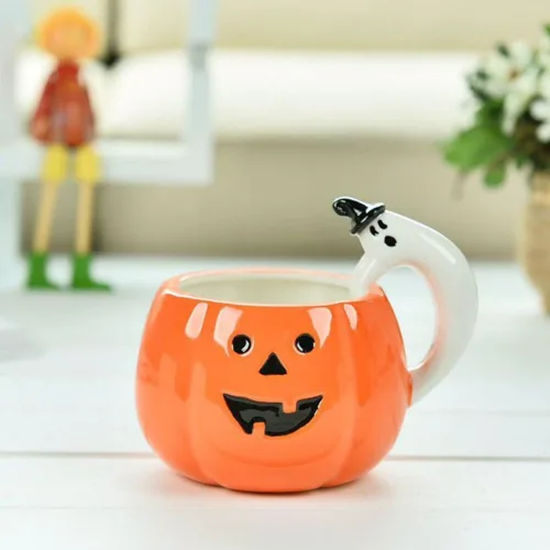 Vista 4 de ZaH Taza de cerámica con diseño de calabaza de Halloween, para fiesta de Halloween, con mango de calabaza, fantasma, naranja, 10 onzas (11.8 fl oz)