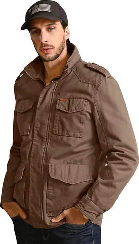 Vista 4 de WenVen Chaqueta ligera de estilo militar para hombre, rompevientos de algodón de sarga