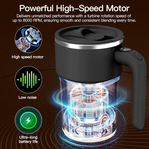 Vista 4 de Taza mezcladora eléctrica de 12 onzas, recargable, regalo para los amantes del café y uso en la oficina (negro)