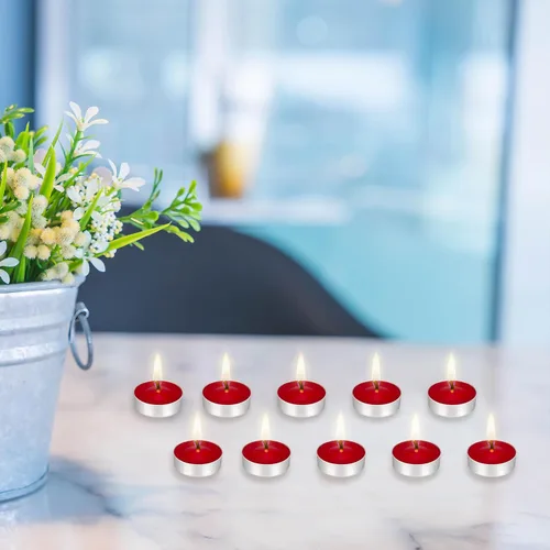 Vista 4 de Mega Candles 50 velas de té rojo sin perfume, vela de cera prensada de 3.5 horas de tiempo de combustión, decoración del hogar, recepciones de boda