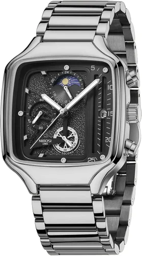 Vista 3 de NIBOSI Reloj de cuarzo para hombre, cronógrafo, cuadrado, dorado, resistente al agua, para negocios, militar, deportivo, acero inoxidable, fecha