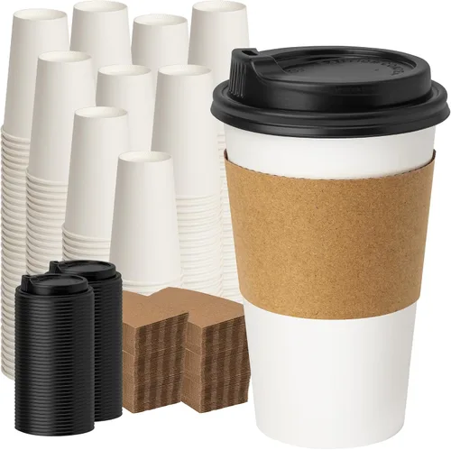 Vista 15 de YEEHAW - Paquete de 50 tazas de café de 12 onzas con tapas y fundas Mangas Kraft blancas