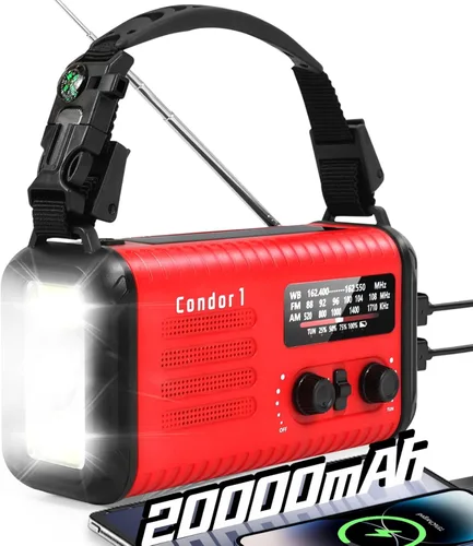 Vista 10 de Radio de emergencia de manivela, radio meteorológica de manivela solar de 20000 mAh / 74000 mWh con NOAA/AM/FM, radio alimentada por batería