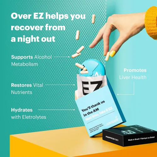 Vista 5 de OVER EZ Suplemento de prebebida - [$1.30 x porción] Píldoras de recuperación y prevención de fiestas para una salida nocturna y mejores mañanas