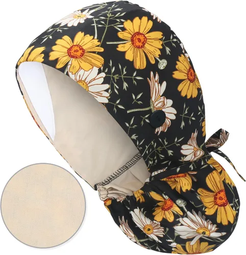 Vista 39 de QBA Gorra de trabajo ajustable con botón, gorro forrado de satén, gorro de trabajo de algodón, banda elástica para atar en la espalda, unisex