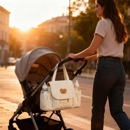 Vista 3 de Bolsa para cochecito, dispensador de pañuelos y toallitas integrado, 13.8 in, almacenamiento de cochecito para niños, dispensador de toallitas