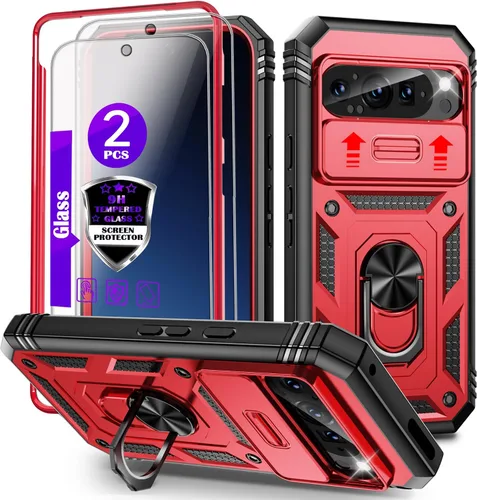 Vista 16 de Funda para Pixel 9 Pro XL con cubierta deslizante para cámara, 2 protectores de pantalla de vidrio templado, soporte de anillo giratorio de 360°