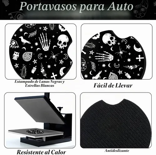 Vista 5 de Juego de 4 piezas de accesorios para auto con estampado de lunas negras y estrellas blancas, funda para volante con estampado de lunas negras