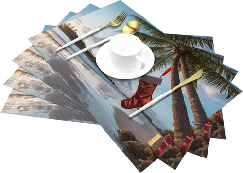 Vista 6 de Juego de 6 manteles individuales de PVC con diseño de palmera de Feliz Navidad, antideslizantes, 12 x 18 pulgadas, juego de manteles individuales