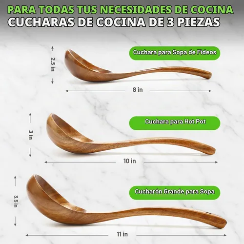 Vista 4 de Paquete de 3 cucharones de madera para servir, cucharón de sopa, cucharón de madera para cocinar, cucharón grande, herramientas de cocina