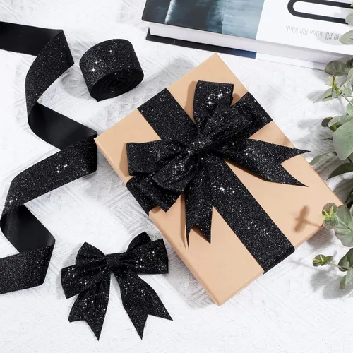 Vista 7 de LOYIM Cinta negra con purpurina de 20 yardas, cinta brillante con borde cortado para envolver regalos, manualidades, coronas, Navidad, árboles