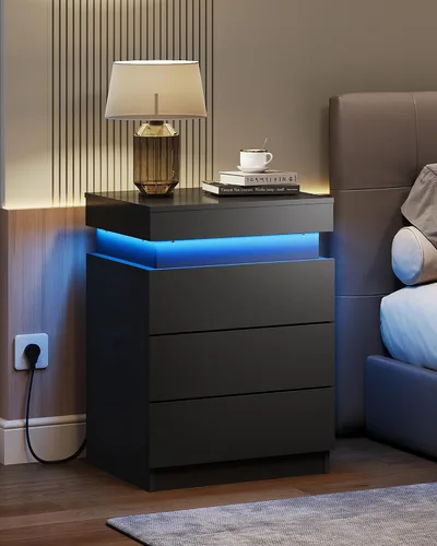 Vista 2 de WLIVE Mesita de noche con estación de carga y luces LED, moderna mesita de noche con 3 cajones y parte superior deslizante, mesa auxiliar con Negro