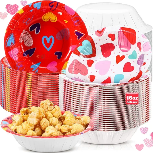 Vista 10 de Sliner 50 cuencos de papel desechables de 16 onzas para el día de San Valentín, 2 estilos, cuenco de sopa compostable con corazón rosa, recuerdo