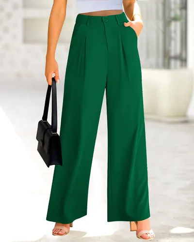 Vista 2 de BTFBM Pantalones largos tipo palazzo de cintura alta para mujer, de pierna ancha, con botones, holgados, para negocios, trabajo, oficina
