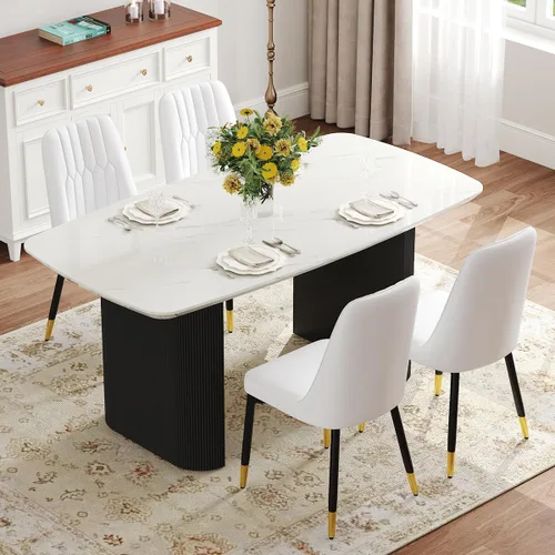 Vista 10 de Juego de mesa de comedor blanco Ebullient para 4, juego de mesa de comedor ovalada de mármol de 67' con 4 sillas de metal, parte superior de grano