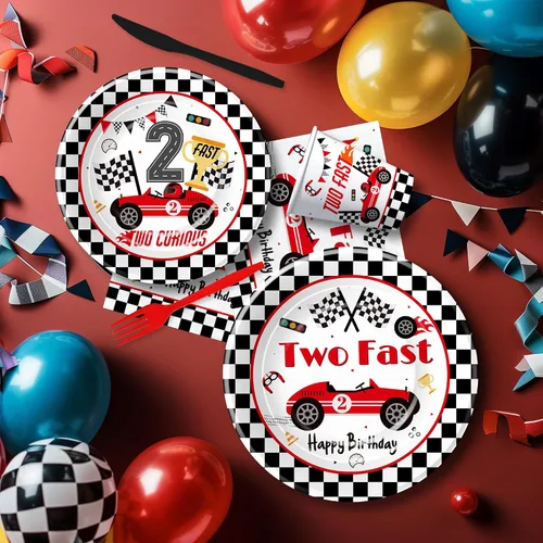 Vista 3 de Decoración de fiesta de cumpleaños de 2º cumpleaños de coche de carreras, vajilla para niños, decoración de cumpleaños de dos curiosos y dos