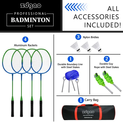 Vista 2 de Zdgao Juegos de bádminton para patio trasero, red de bádminton portátil con ajustador de tensión, juego de 4 raquetas de bádminton, 3 volantes