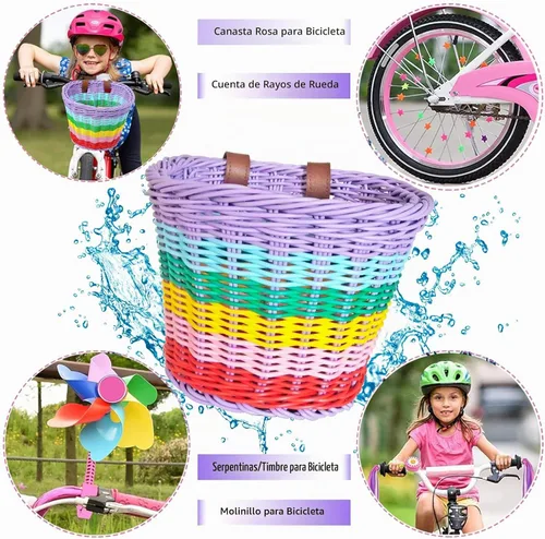 Vista 4 de Cesta de bicicleta para niñas, cesta de bicicleta ajustable para manillar delantero con serpentinas de bicicleta, juego de campana/molino de viento