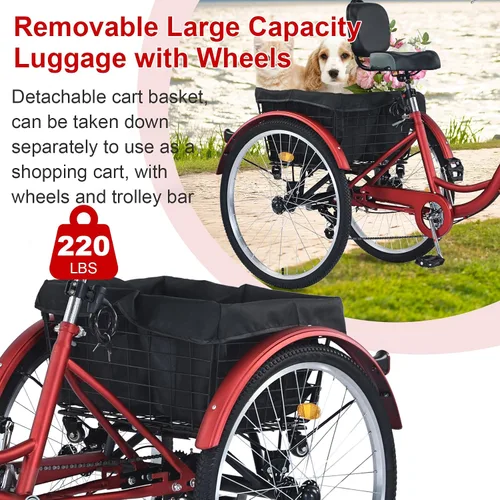Vista 5 de Triciclo para adultos mejorado, triciclo de 7 velocidades para adultos con cestas delanteras y traseras, bicicletas de 3 ruedas para adultos