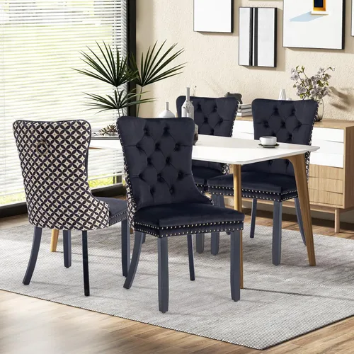Vista 33 de Juego de 2 sillas de comedor de terciopelo con patas de madera, color beige Mid Century Modern Dining Chairs,Upholstered Chairs with Nailhead