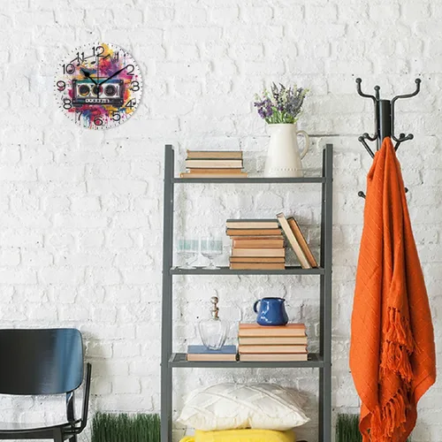 Vista 4 de Reloj de pared con notas musicales, funciona con pilas, sin tictac, cuarzo silencioso, analógico, rústico, rústico, reloj redondo, decoración retro